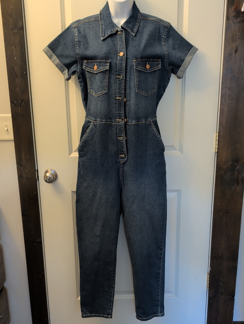 Celebrity Pink Dark Blue Short-Sleeve Denim Jumpsuit
